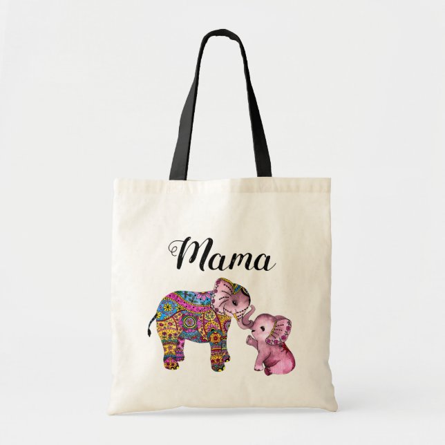 Cute Colourful Boho Mother and Baby Elephant Tote Bag (Front)