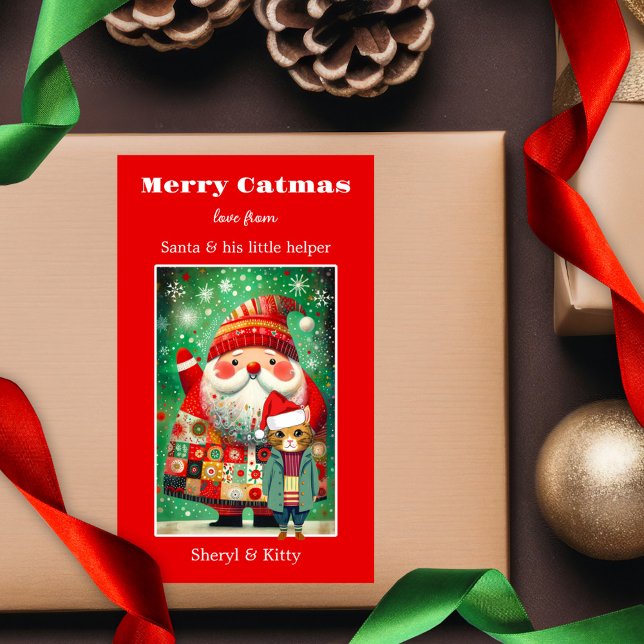 Cute Colourful Bold Merry Catmas Christmas Rectangular Sticker (A cute Merry Christmas sticker featuring Santa with a kitty cat helper in festive bold colors)