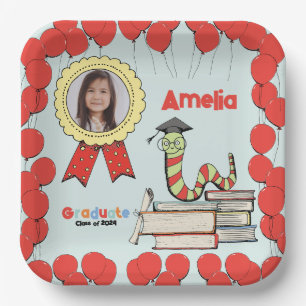 Cute Colourful Bookworm Graduation Party with Phot Paper Plate