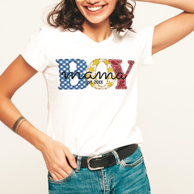 Cute Colourful Boy Mama Est Date Country Rodeo Mum T-Shirt (Creator Uploaded)