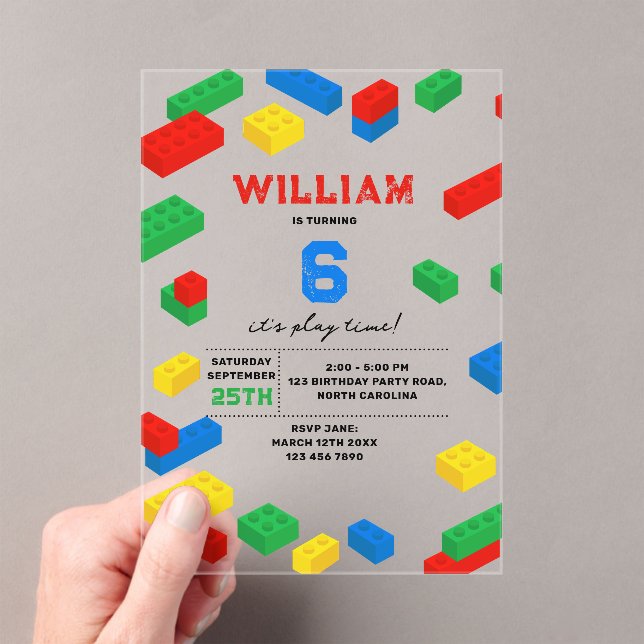 Cute Colourful Bricks Building Blocks Kids Birthda Acrylic Invitations (Insitu (Handheld))