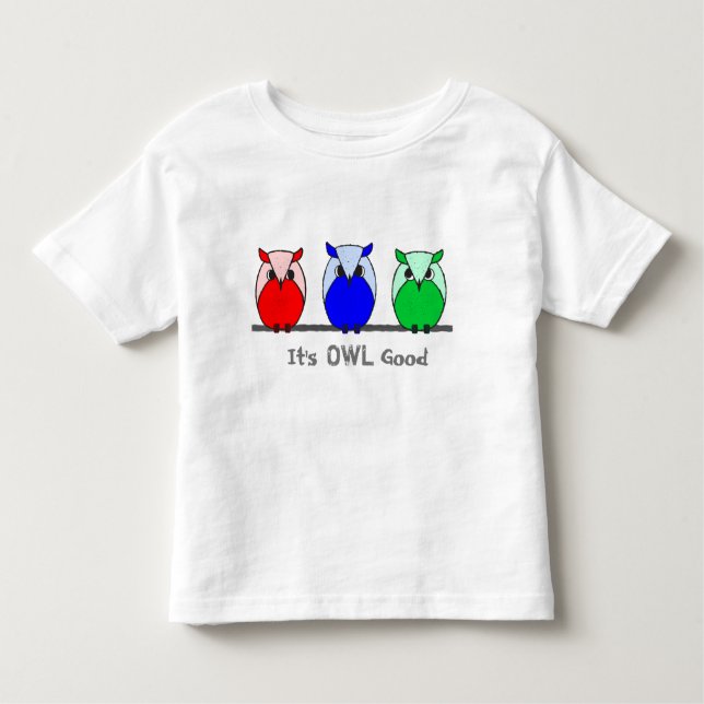 Cute Colourful Bright Red Blue Green Cartoon Owls Toddler T-Shirt (Front)