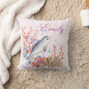 Cute colourful Bubbles Ocean baby Narwhal Cushion