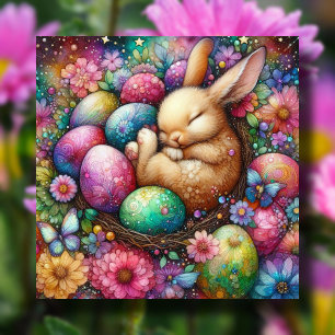 Cute Colourful Bunny Easter Eggs Floral Christian Holiday Card