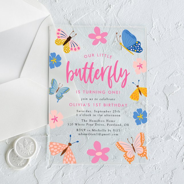 Cute Colourful Butterflies 1st Birthday Party Acrylic Invitations (Creator Uploaded)