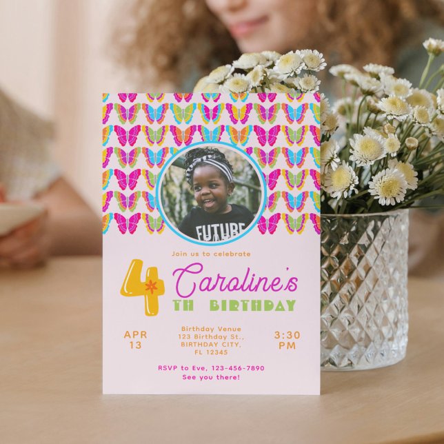 Cute Colourful Butterflies Girl 4th Birthday Party Invitation (Creator Uploaded)