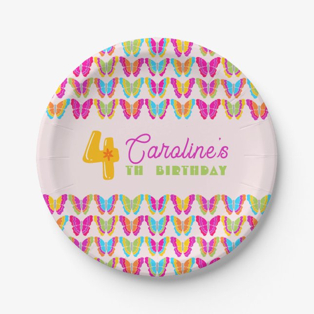 Cute Colourful Butterflies Girl 4th Birthday Party Paper Plate (Front)