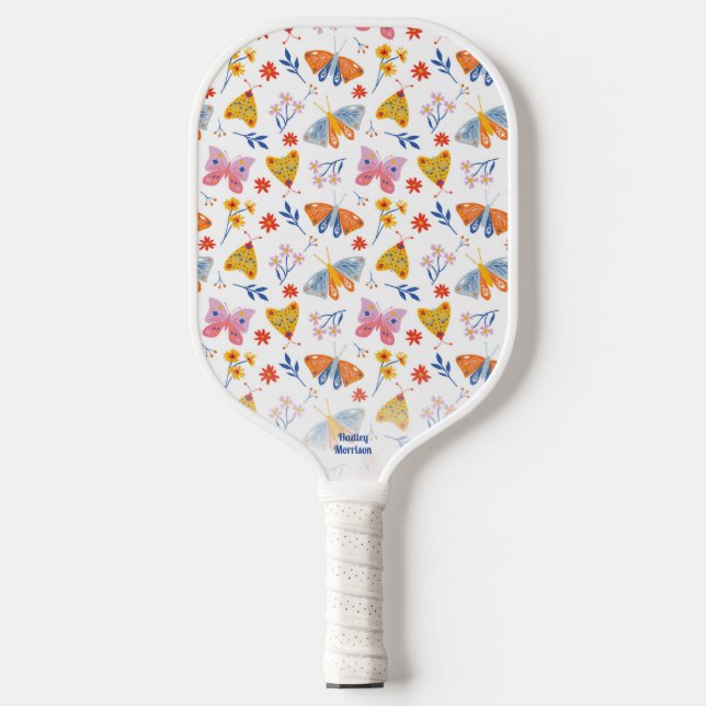 Cute Colourful Butterflies Moths Custom Text Name Pickleball Paddle (Front)