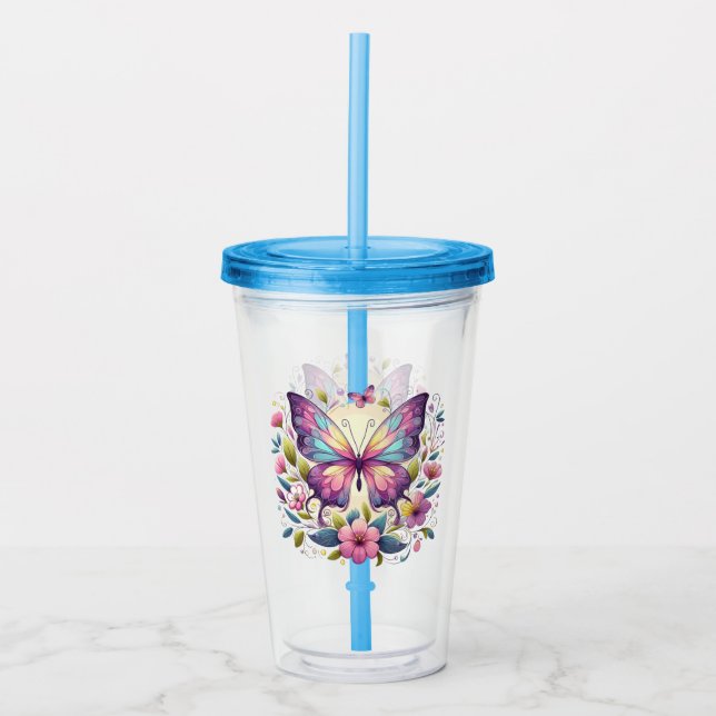 Cute, colourful butterfly  acrylic tumbler (Front)