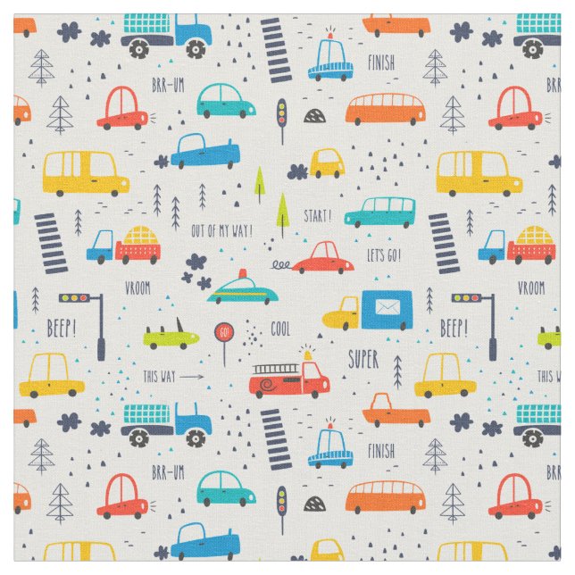 Cute Colourful Car Traffic Pattern Fabric (Close Up)