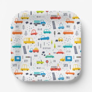 Cute Colourful Car Traffic Pattern Paper Plate