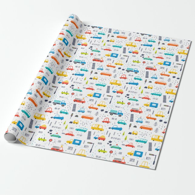 Cute Colourful Car Traffic Pattern Wrapping Paper (Unrolled)