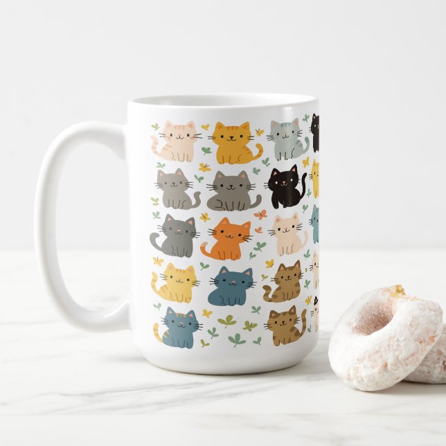 Cute Colourful Cartoon Cats Pattern Mug – Cat Love (With Donut)