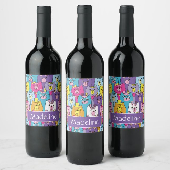Cute Colourful Cartoon Cats Pattern Personalised Wine Label (Bottles)