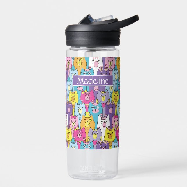 Cute Colourful Cartoon Cats Personalise  Water Bottle (Left)