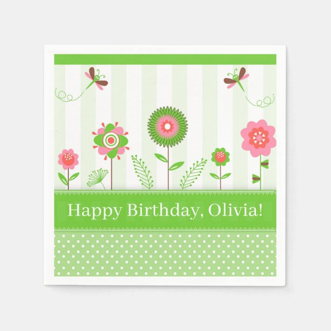 Cute Colourful Cartoon Flowers & Butterfly's Napkin (Front)