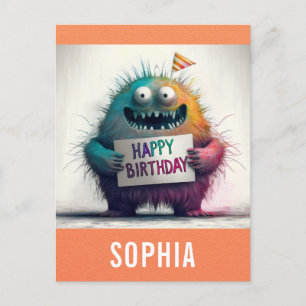 Cute Colourful Cartoon Monster Happy Birthday Postcard