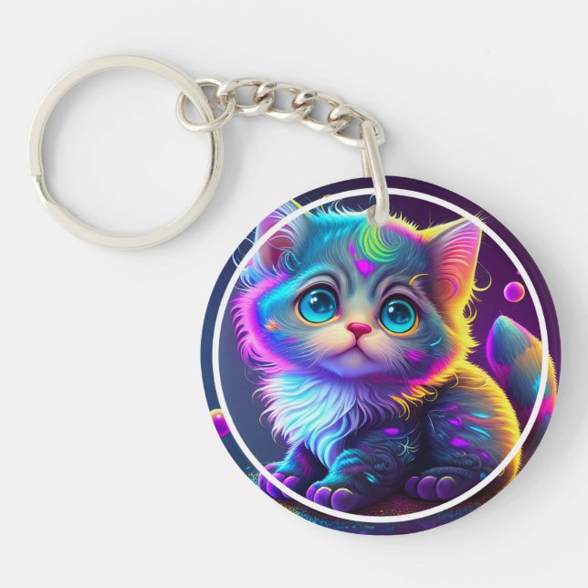 Cute Colourful Cat Digital Artwork-79827 Key Ring (Front)