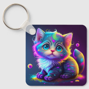 Cute Colourful Cat Digital Artwork-79827 Key Ring