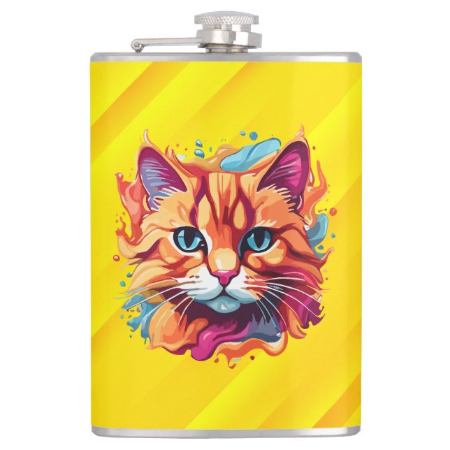  Cute Colourful Cat Face-87002 Hip Flask (Front)