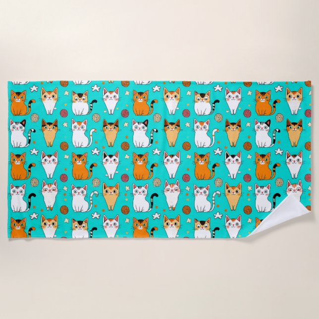 Cute Colourful Cat Pattern 🐱🎨 Playful Yarn Ball  Beach Towel (Front)