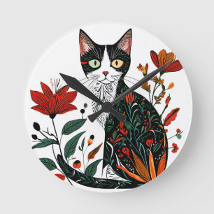 Cute colourful cat round clock