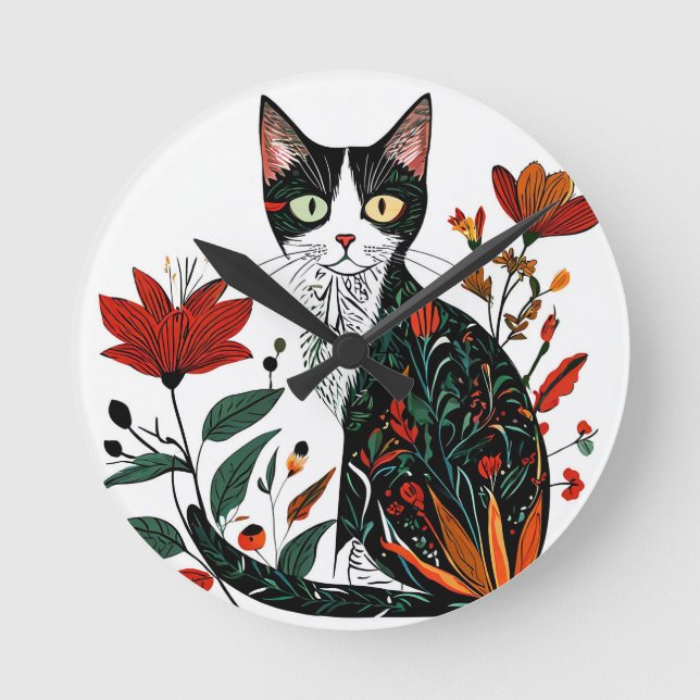 Cute colourful cat round clock (Front)
