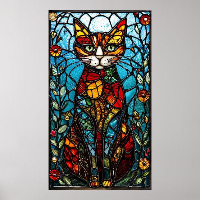 Cute colourful cat stained glass poster (Front)