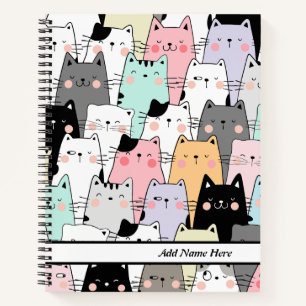 Cute Colourful Cats Pattern Customisable Name  Notebook