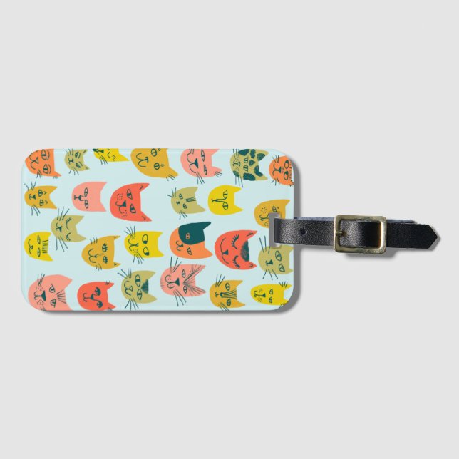 Cute colourful cats pattern on blue luggage tag (Front Horizontal)