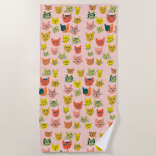Cute colourful cats pattern on pink beach towel