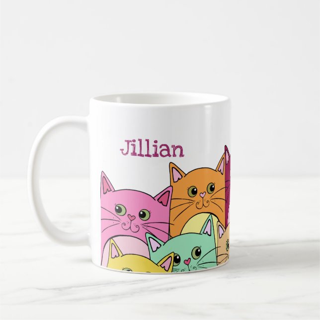 Cute Colourful Cats Personalised Coffee Mug (Left)