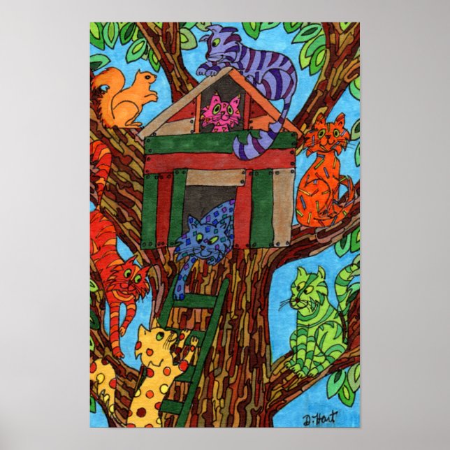 Cute Colourful Cats Tree House Whimsical Cartoon Poster (Front)
