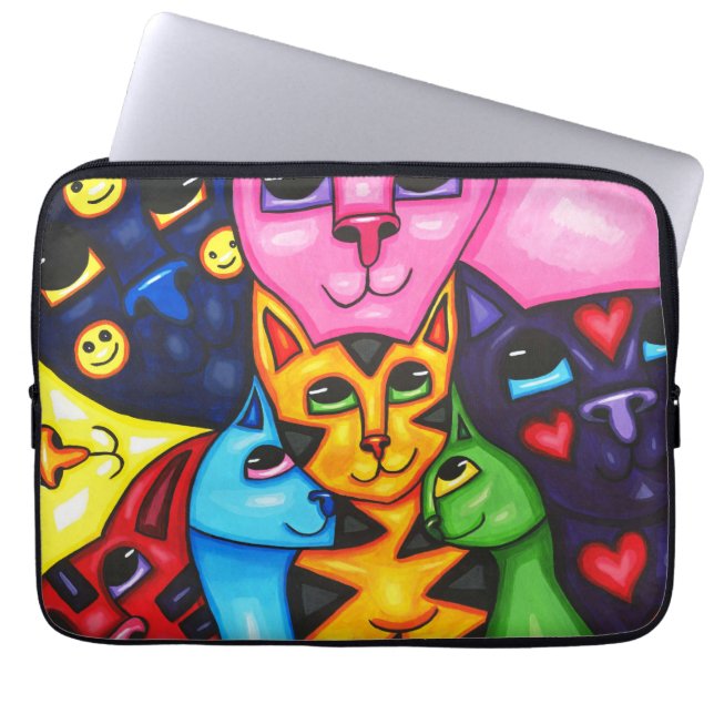Cute Colourful Cats whimsical Art Original paintin Laptop Sleeve (Front)