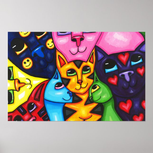 Cute Colourful Cats whimsical Art Original paintin Poster (Front)