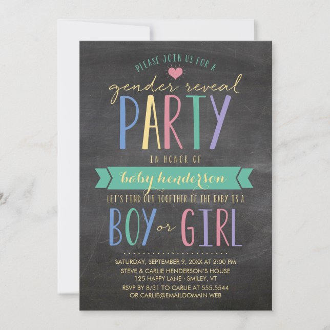 Cute Colourful Chalkboard Gender Reveal Party Invitation (Front)