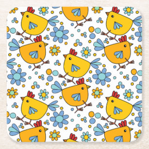 Cute colourful chicken and flower square paper coaster
