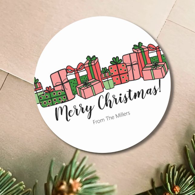 Cute Colourful Christmas Classic Round Sticker (Cute Colorful Simple Modern Red Pink Christmas Classic Round Sticker)
