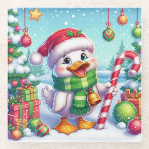 Cute Colourful Christmas duck Glass Coaster
