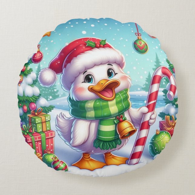 Cute Colourful Christmas duck Round Cushion (Front)