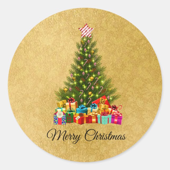 Cute, Colourful Christmas Gifts, Pine Tree, Gold Classic Round Sticker (Front)