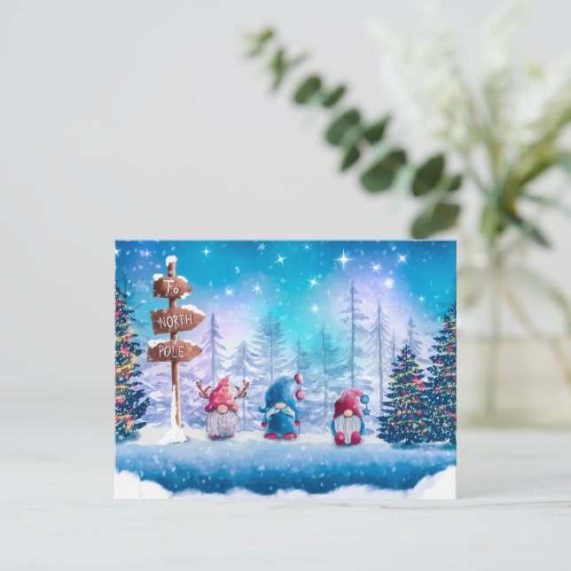 Cute Colourful Christmas Gnomes Holiday Postcard (Standing Front)