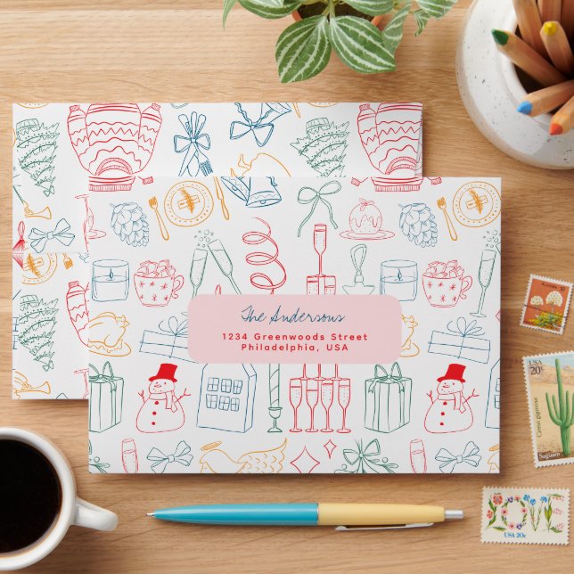 Cute Colourful Christmas Hand drawn Doodle Envelope (Desk)