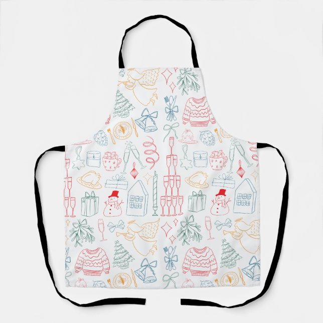 Cute Colourful Christmas Hand Drawn Doodle Pattern Apron (Front)
