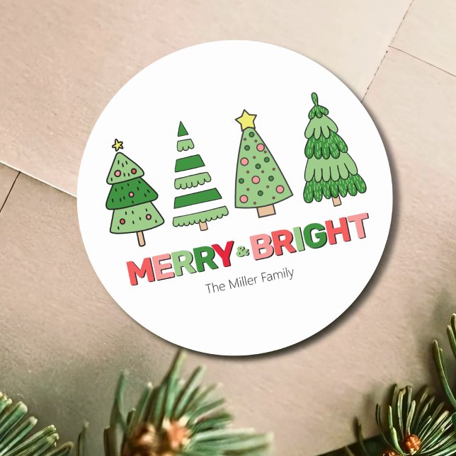 Cute Colourful Christmas Merry And Bright Classic Round Sticker (Cute Colorful Christmas Merry And Bright Classic Round Sticker)