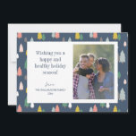 Cute Colourful Christmas Trees Blue Custom Photo Holiday Card<br><div class="desc">Cute,  colourful,  and festive,  this modern holiday card features a fun pattern of Christmas trees in navy blue,  green,  and yellow,  your favourite family picture,  and an editable season greeting.</div>