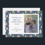 Cute Colourful Christmas Trees Blue Custom Photo Holiday Card<br><div class="desc">Cute,  colourful,  and festive,  this modern holiday card features a fun pattern of Christmas trees in navy blue,  green,  and yellow,  your favourite family picture,  and an editable season greeting.</div>