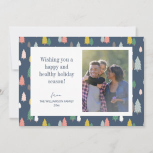 Cute Colourful Christmas Trees Blue Custom Photo Holiday Card