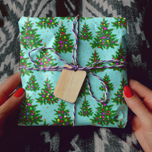 Cute colourful Christmas trees blue Wrapping Paper
