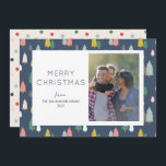 Cute Colourful Christmas Trees Modern Custom Photo Holiday Card<br><div class="desc">Cute,  colourful,  and festive,  this modern holiday card features a fun pattern of Christmas trees in navy blue,  green,  and yellow,  your favourite family picture,  a fun polka dot backing,  and an editable season greeting.</div>